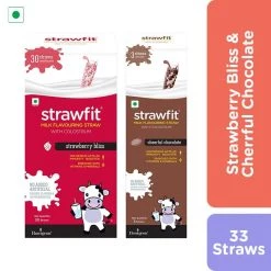 Strawfit 30 Strawberry & 3 Chocolate, Milk Flavoring Straw - Total 33 Straws (2 Packs) (240 G)
