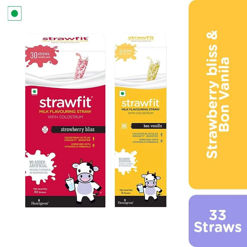 Snacks & Beverages Strawfit 30 Strawberry & 3 Vanilla, Milk Flavoring Straw - Total 33 Straws (2 Packs) (240 G)