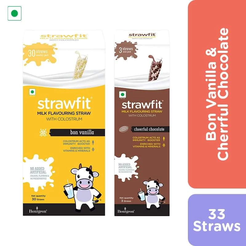 Strawfit 30 Vanilla & 3 Chocolate, Milk Flavoring Straw - Total 33 Straws (2 Packs) (240 G)