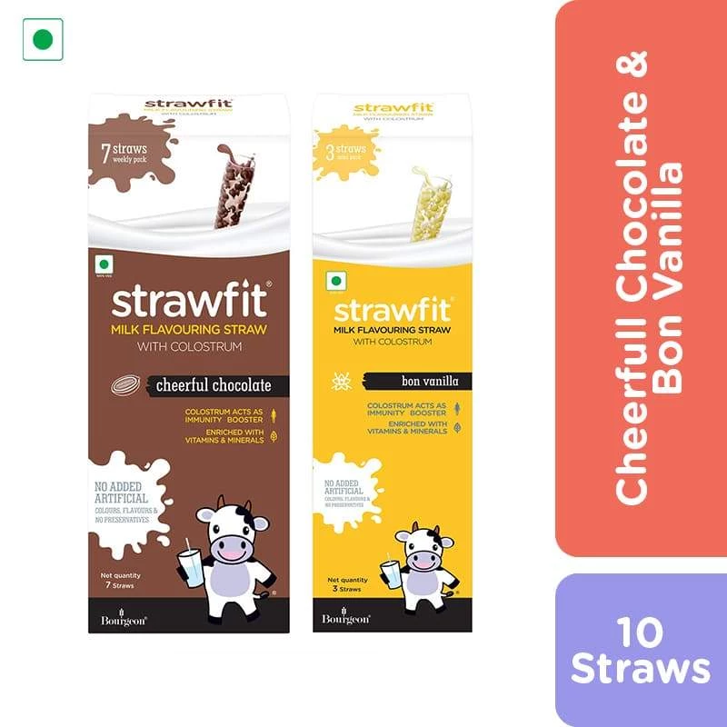 Strawfit 7 Chocolate & 3 Vanilla, Milk Flavoring Straw - Total 10 Straws (2 Packs) (110 G) Snacks & Beverages