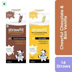 Strawfit 7 Chocolate & 7 Vanilla, Milk Flavoring Straw - Total 14 Straws (2 Packs) (140 G) Snacks & Beverages
