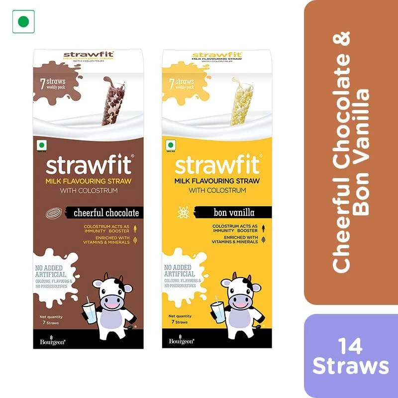 Strawfit 7 Chocolate & 7 Vanilla, Milk Flavoring Straw - Total 14 Straws (2 Packs) (140 G) Snacks & Beverages