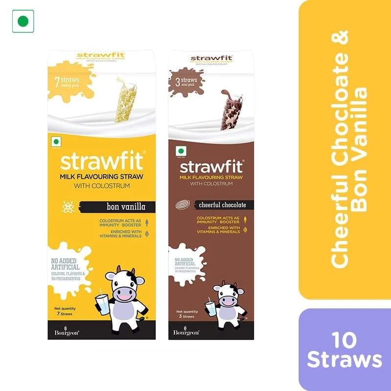 Strawfit 7 Vanilla & 3 Chocolate, Milk Flavoring Straw - Total 10 Straws (2 Packs) (110 G)