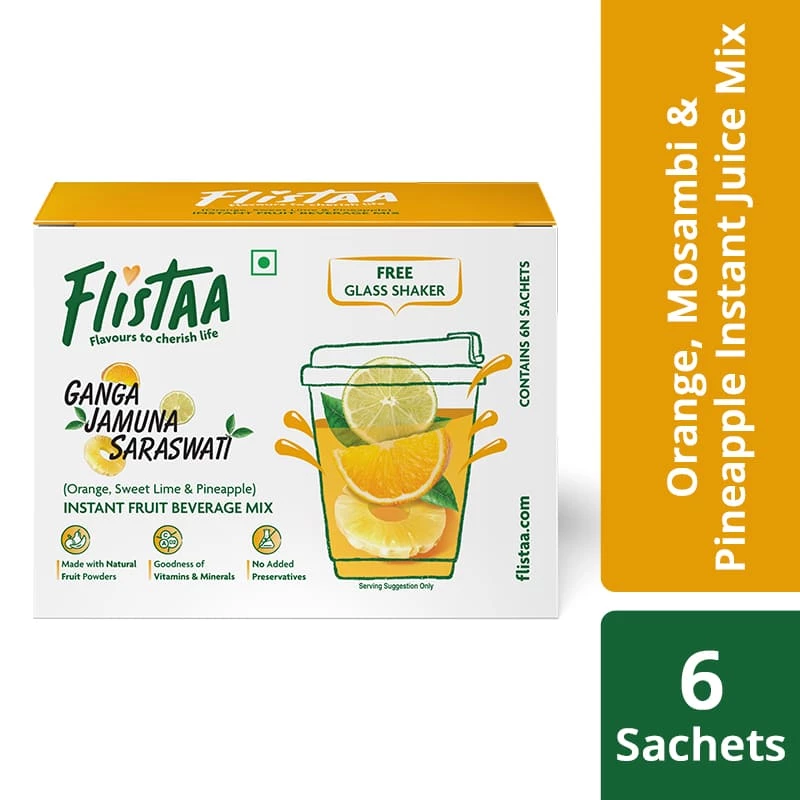 Flistaa Ganga Jamuna Saraswati (Orange, Mosambi & Pineapple) Instant Juice Mix (6 Sachets & FREE Shaker-Buy 2 Get 1 Free) 3 Flistaa Ganga Jamuna Saraswati (Orange, Mosambi & Pineapple) Instant Juice Mix (6 Sachets & FREE Shaker-Buy 2 Get 1 Free)