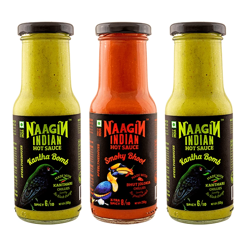 Naagin Sauce NAAGIN Indian Hot Sauce Combo (Kantha X 2, Bhoot X 1) (Pack Of 3) (230 G X 3 = 690 G) Snacks & Beverages 4 Naagin Sauce NAAGIN Indian Hot Sauce Combo (Kantha X 2, Bhoot X 1) (Pack Of 3) (230 G X 3 = 690 G) Snacks & Beverages