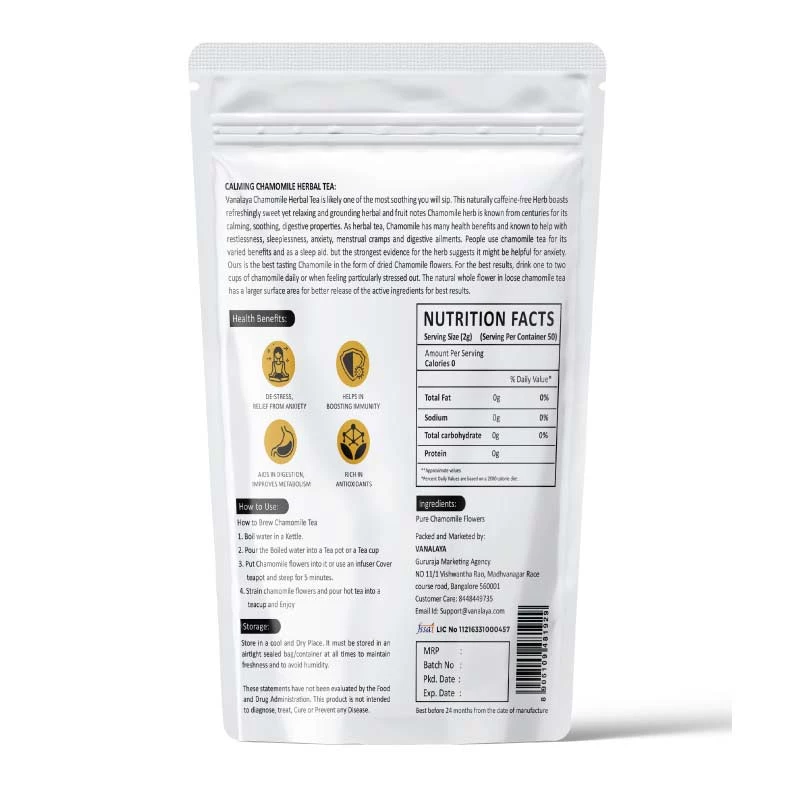 Vanalaya Calming Chamomile Herbal Tea (100 G) Snacks & Beverages 5 Vanalaya Calming Chamomile Herbal Tea (100 G) Snacks & Beverages